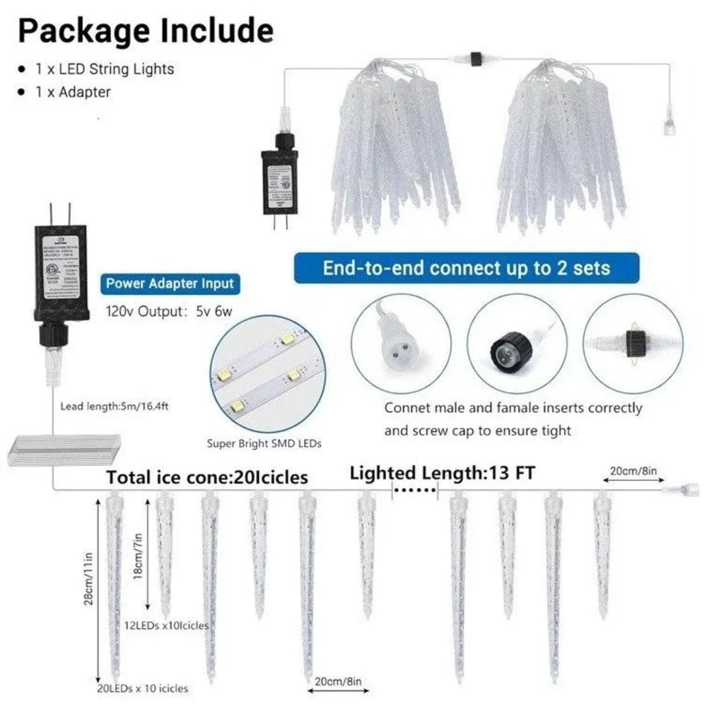 20 Tubes Meteor Shower Rain Lights Drop Icicle Falling String Light Christmas